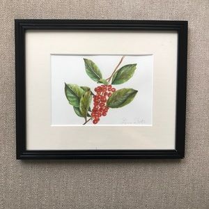 Original watercolor painting in black frame. Red Berries.